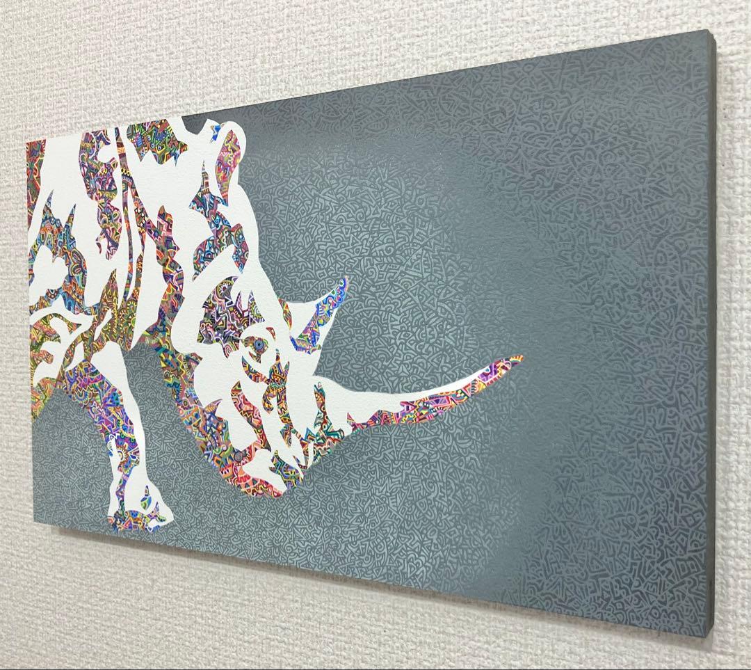 原画　サイ　動物画　絵画　アクリル画　現代アート　細密画　手描き　一点物
