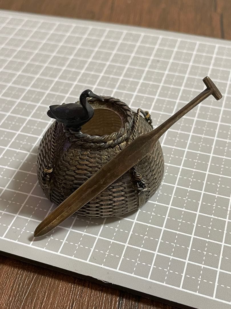 【宝蔵】時代物 金工 銀製 鵜籠形 鵜飼 魚籠 鵜篭形 楊枝入れ 銀細工 水鳥