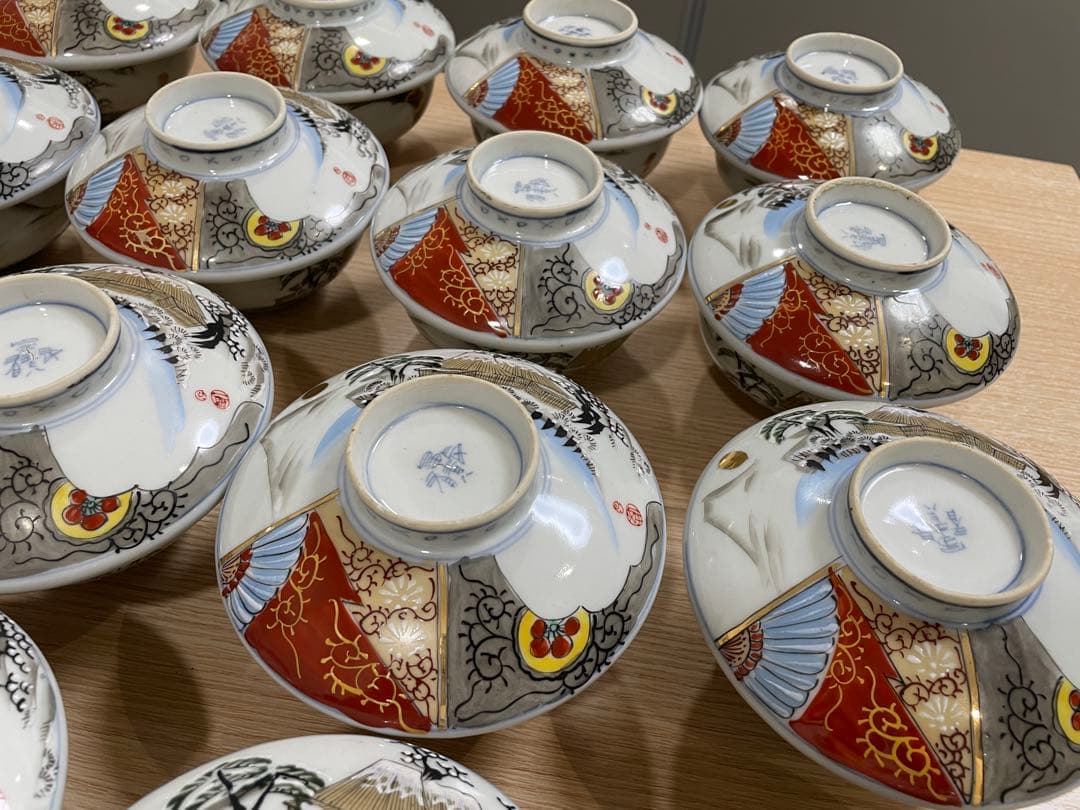 古伊万里 富貴長春 色絵金彩 富士 雪柄 小鉢 蓋付き椀 茶碗 レトロ 20客