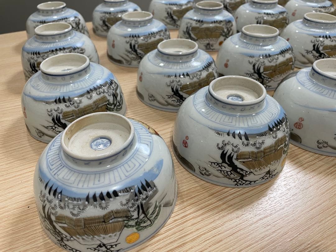 古伊万里 富貴長春 色絵金彩 富士 雪柄 小鉢 蓋付き椀 茶碗 レトロ 20客