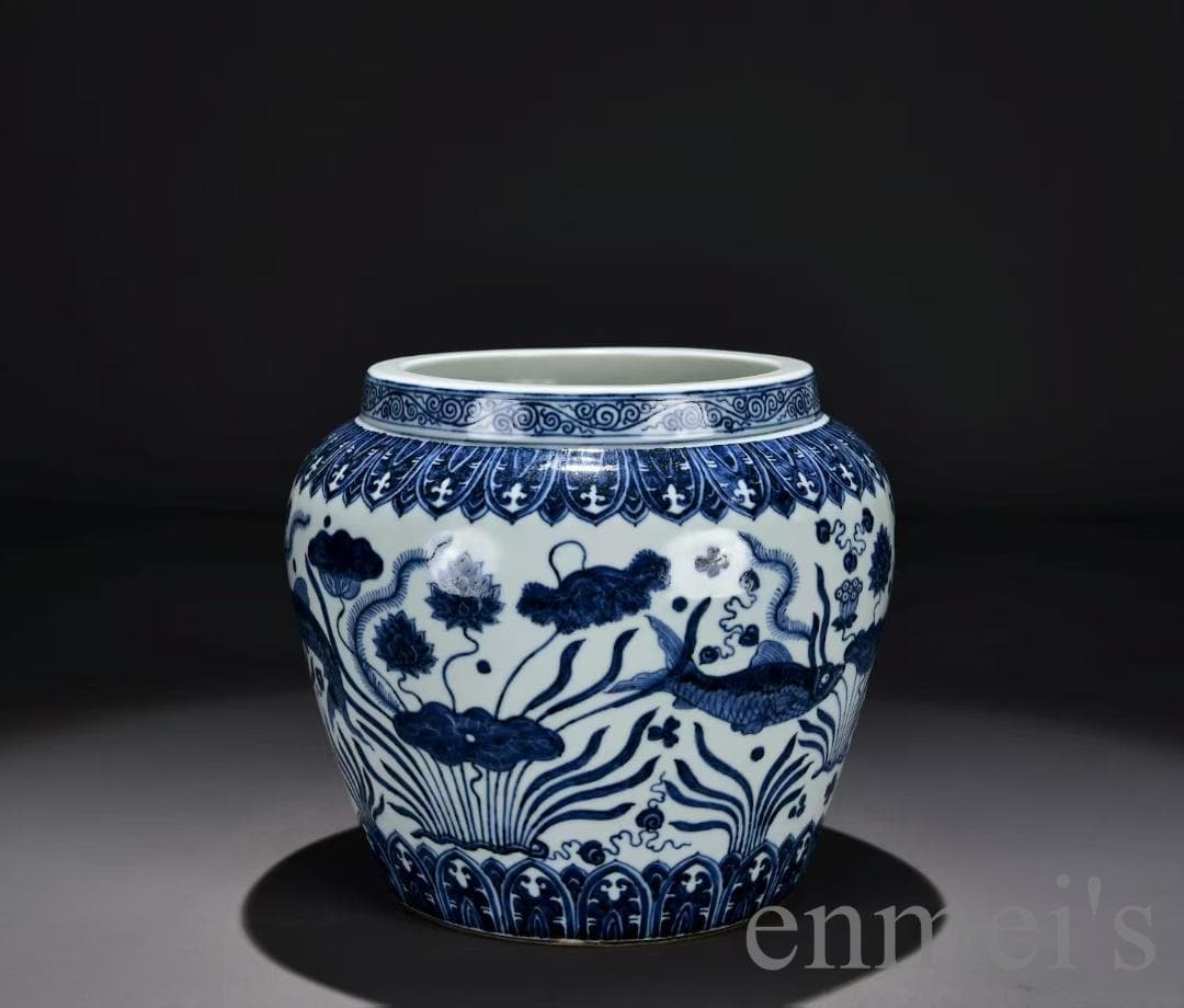 中国古美術・明代・宣徳・青花磁・巻缸・壺・魚藻紋・唐物・古玩・花瓶・水注・陶磁器