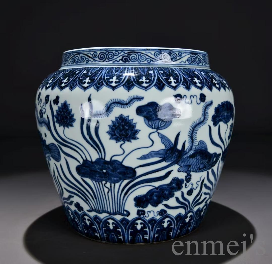 中国古美術・明代・宣徳・青花磁・巻缸・壺・魚藻紋・唐物・古玩・花瓶・水注・陶磁器