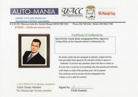 値下げ　チャーリー・シーン 直筆サイン入り写真 UACCrd証明書付