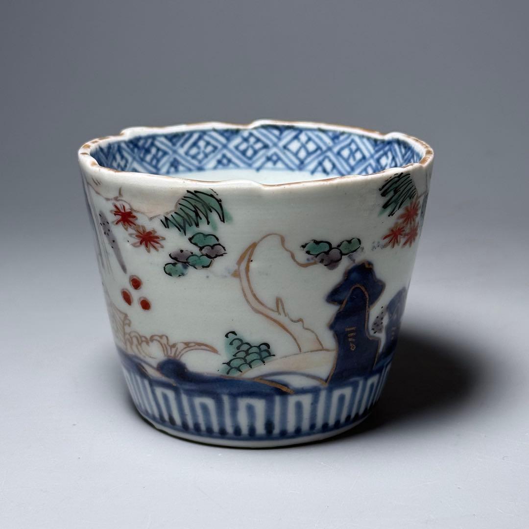 古伊万里　染錦鯉滝登図　そば猪口　向付　江戸時代　蛇目高台　三客