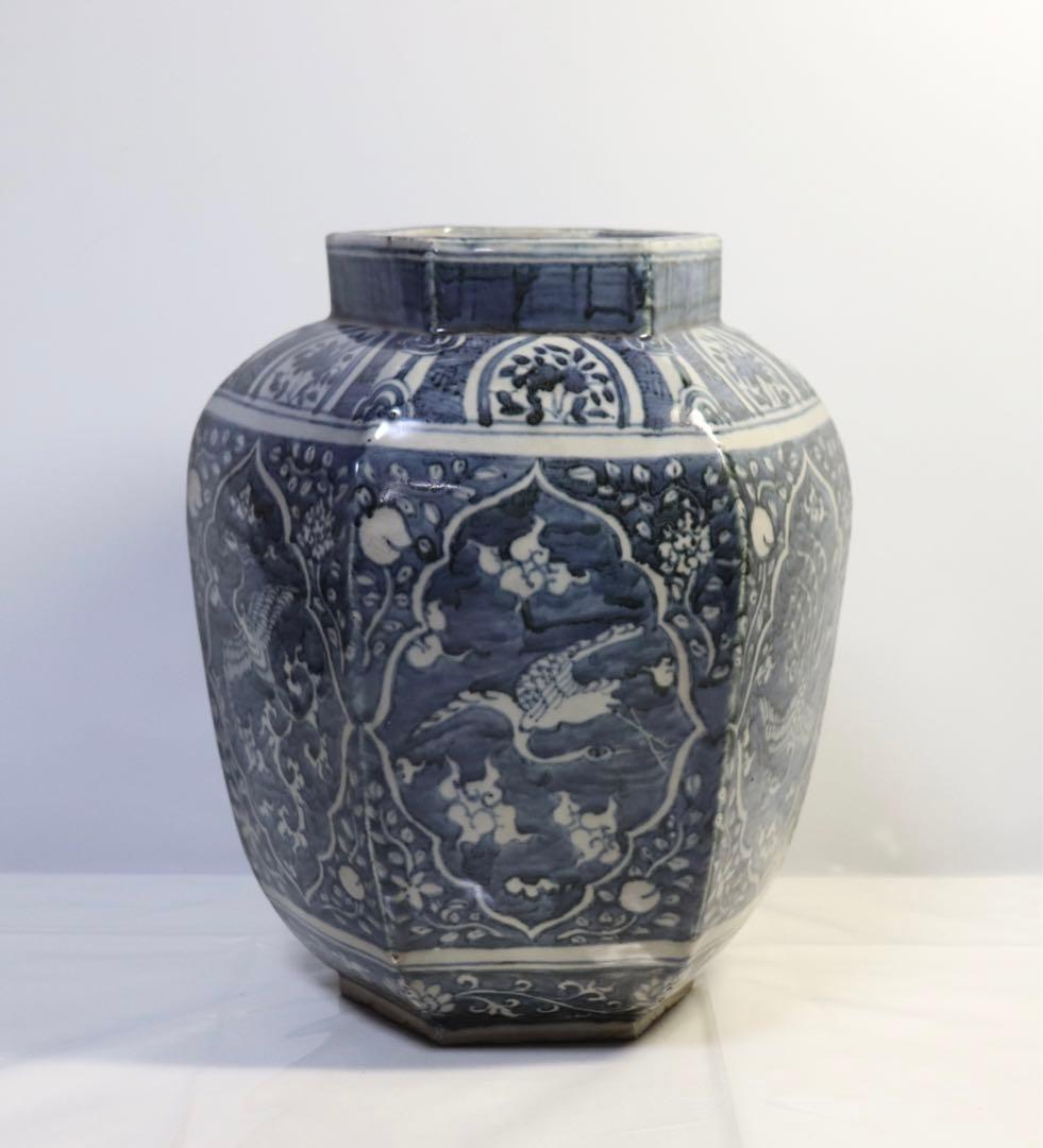 中国　染付六角瓶　鳳凰&雲鶴紋　送料込み1116