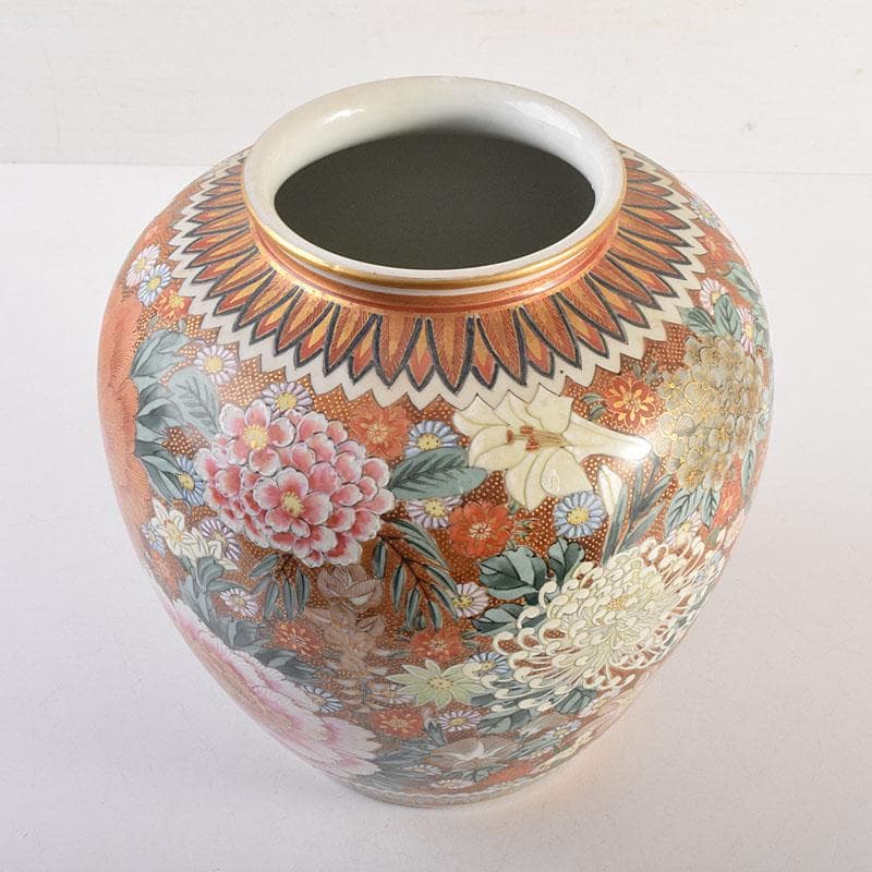 りか　九谷焼名工　九谷中田錦玉　百花繚乱 花詰文壷　花入　D　R8825H