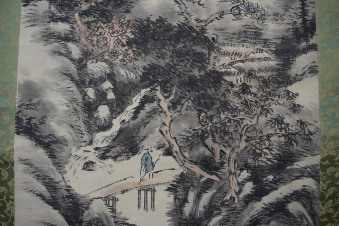 【真作】古川竹雲/山水人物画賛/掛軸☆宝船☆Y-771　JM