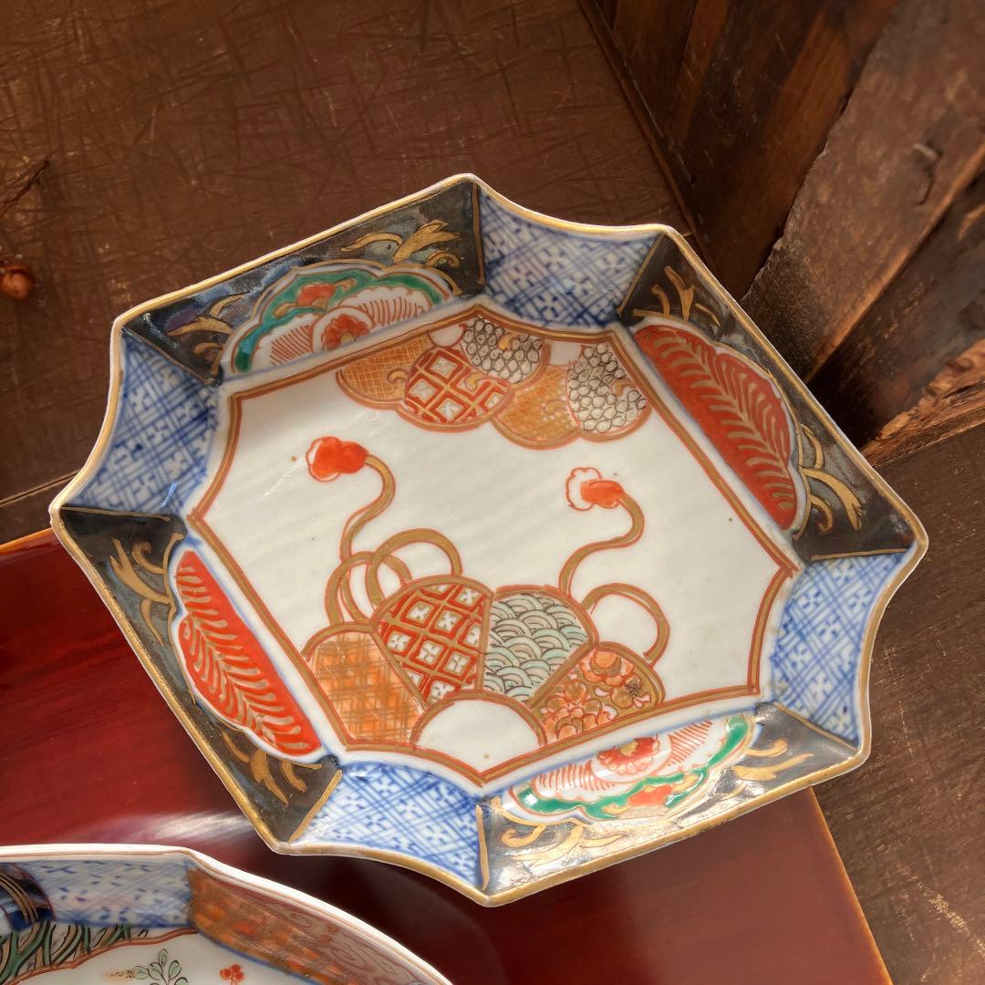 専用。アンティーク　和骨董　変形皿　菱形　蚤の市　金彩　八角形　２種　2枚セット