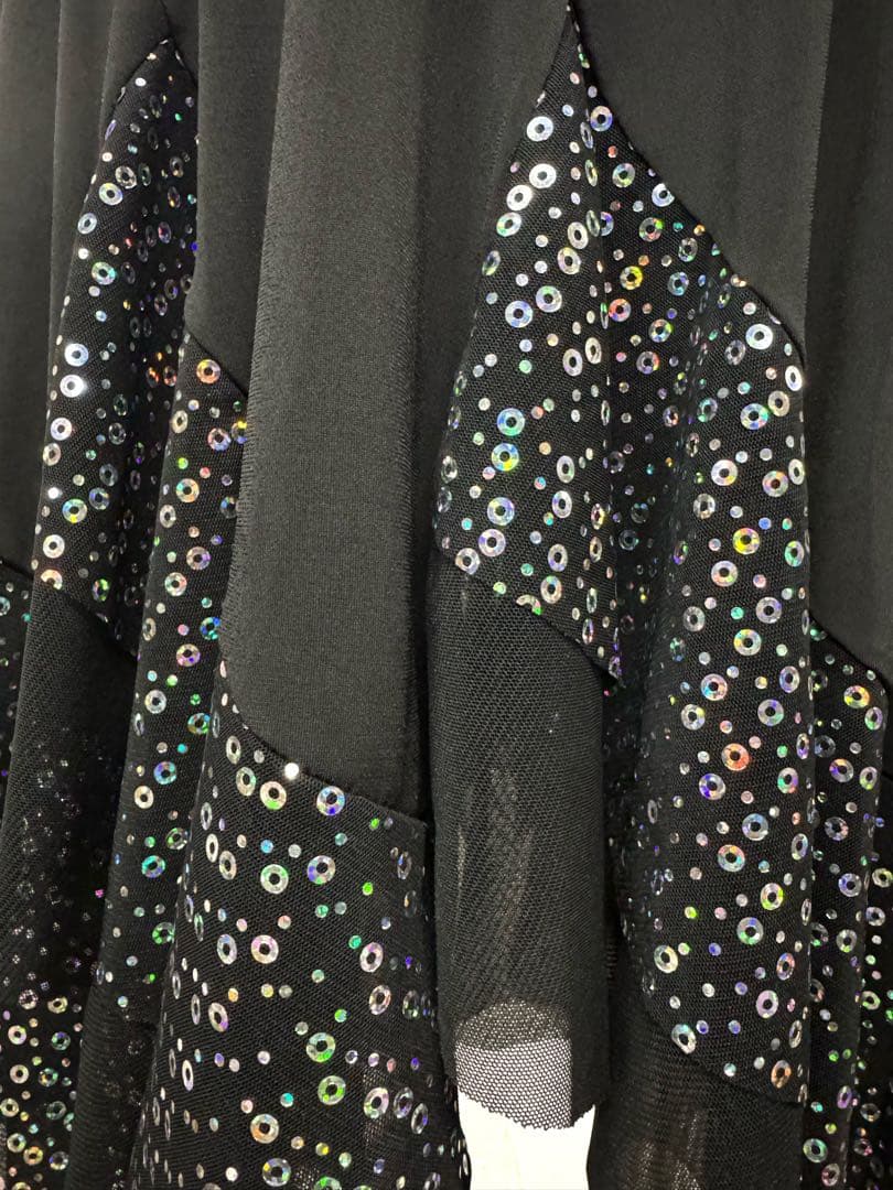 【オーロラの輝き】新品　裾2段ランダムカットフレアスカート 黒×銀スパンｐ346