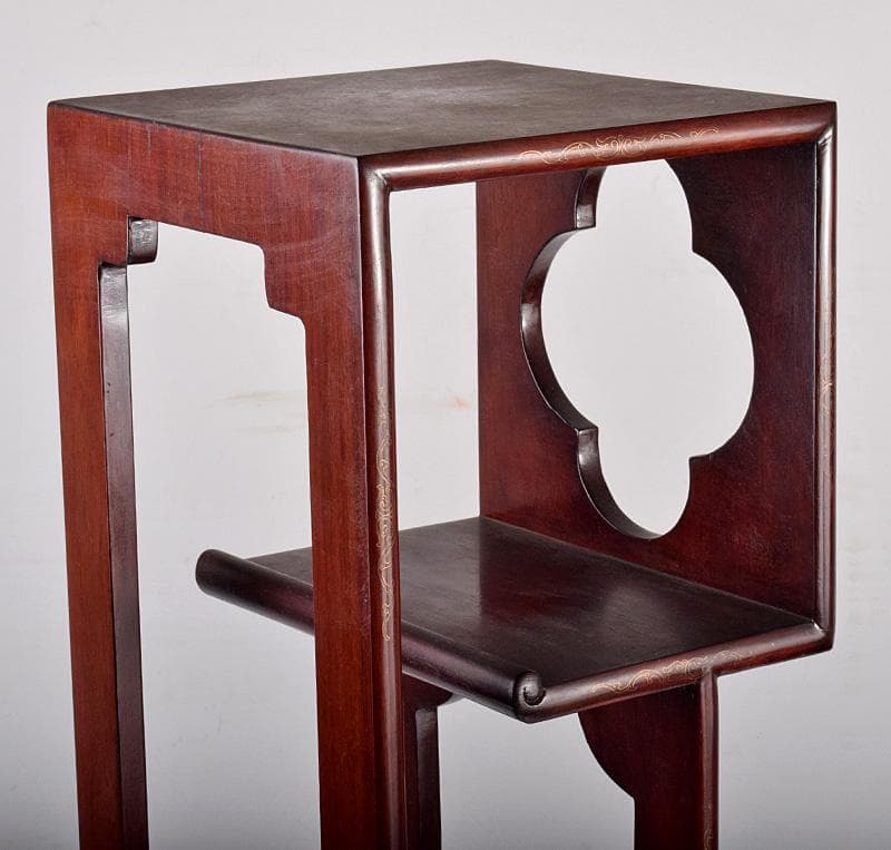 中国　唐木紅木製　銀線象嵌　茶棚　飾り棚　違い棚　D　3745B