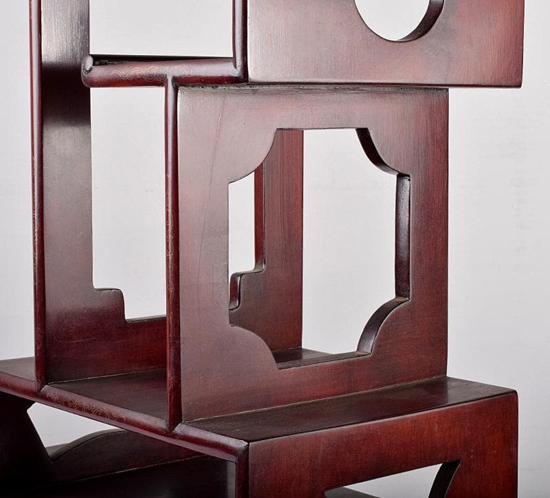 中国　唐木紅木製　銀線象嵌　茶棚　飾り棚　違い棚　D　3745B