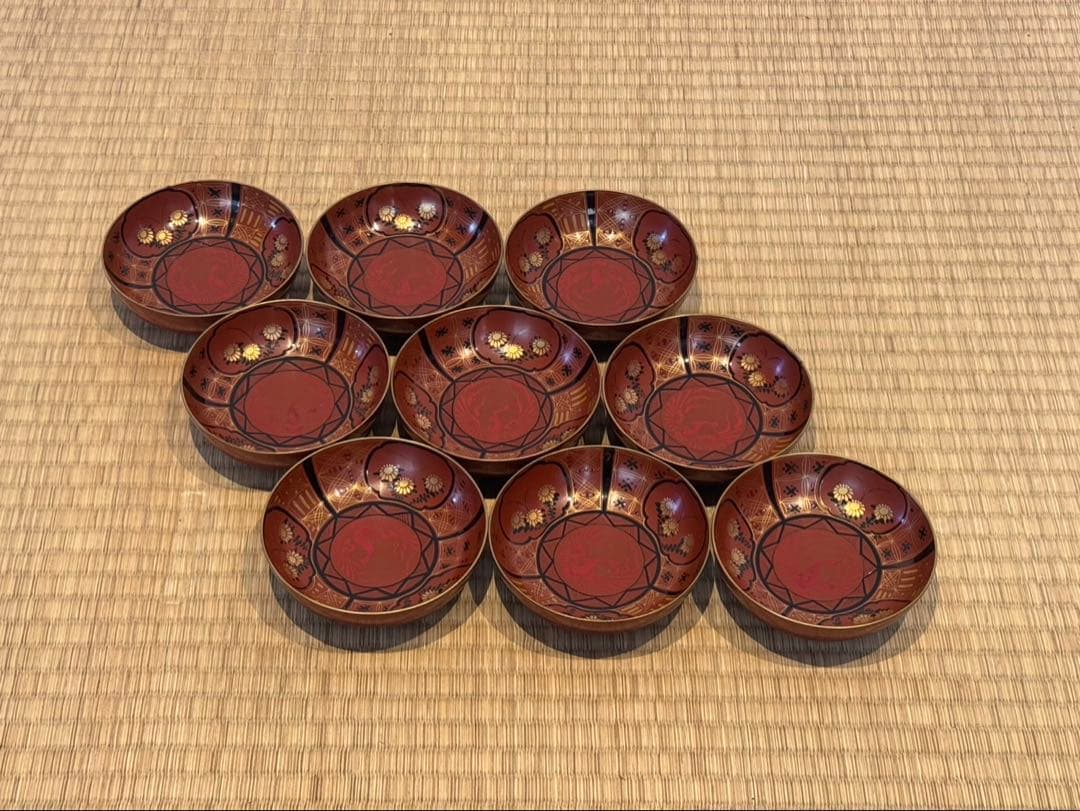 大内塗 草花 鳳凰紋 銘々皿 9客 小皿 懐石料理道具 漆器 木皿