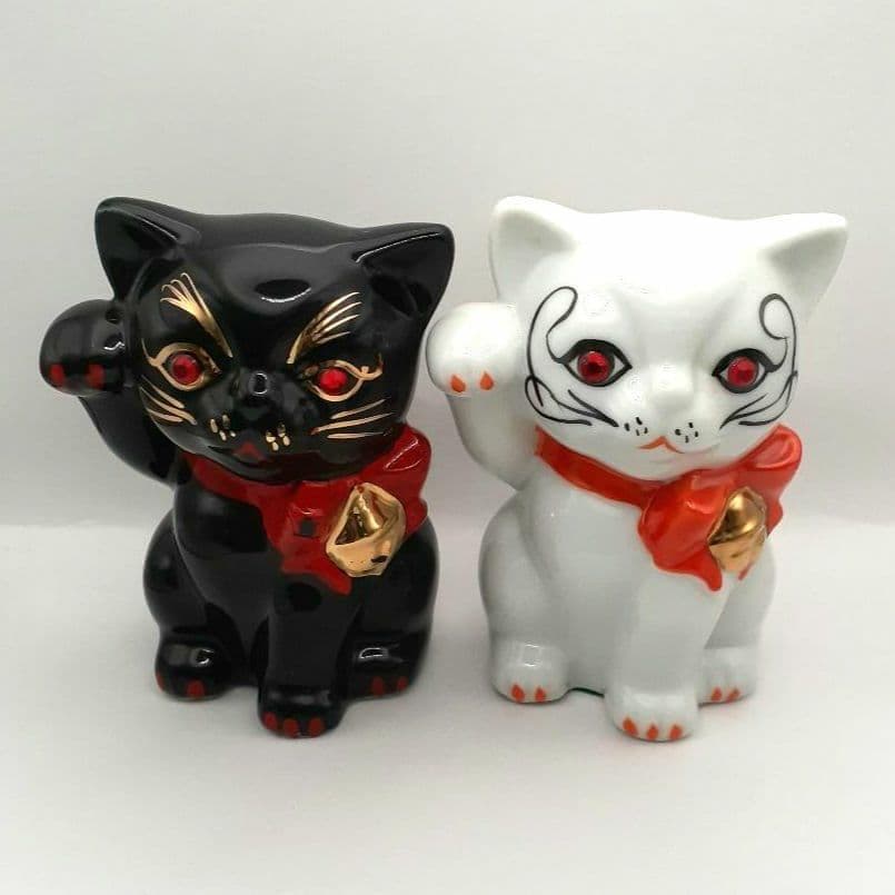 095 東海銀行ノベルティ 陶器製 リボン猫 貯金箱 2体セット 白黒 非売品