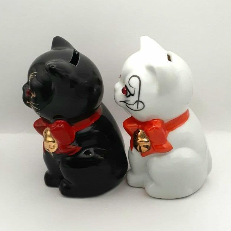 095 東海銀行ノベルティ 陶器製 リボン猫 貯金箱 2体セット 白黒 非売品