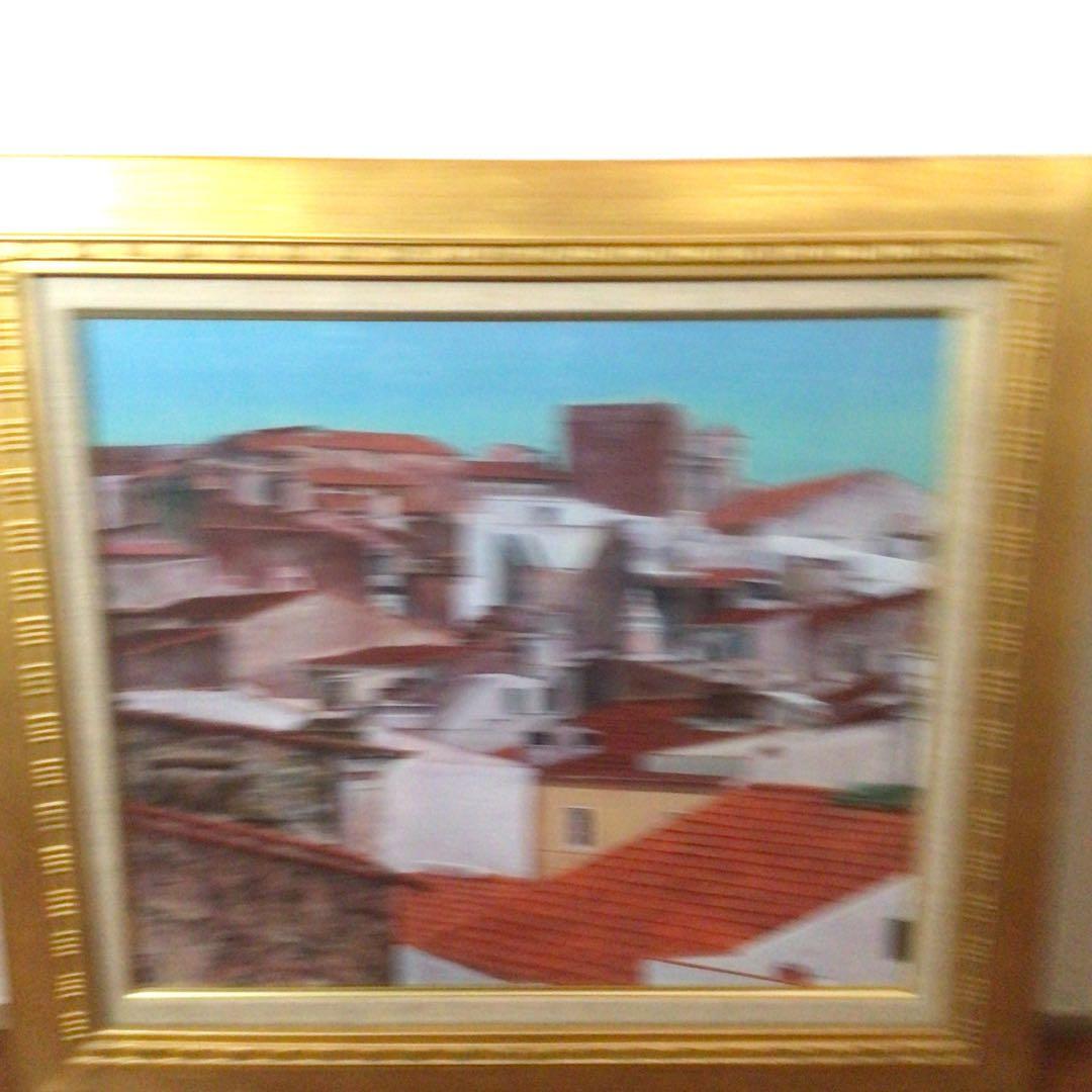 No2758 額装　井阪仁　「赤い屋根の風景」　黄袋共箱　日本画　琳派　送料無料