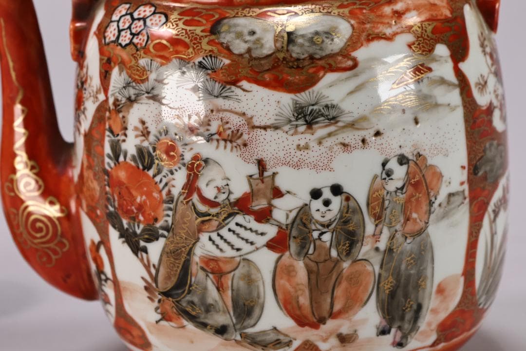 明治期　九谷造　赤絵　花鳥唐子図　注水　急須　重さ347ｇ　茶道具　煎茶道具