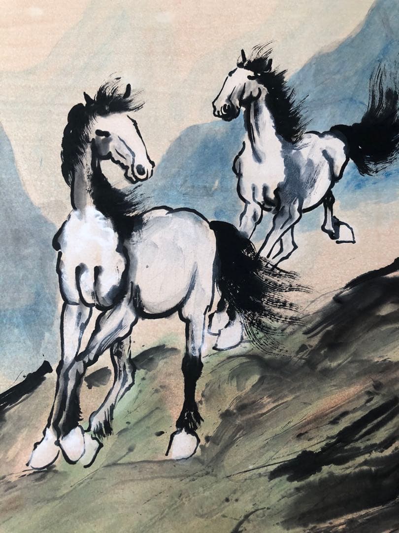 徐悲鴻 馬 掛け軸 四尺 中国絵画 書画 手描き 水墨 動物画 馬図 インテリア