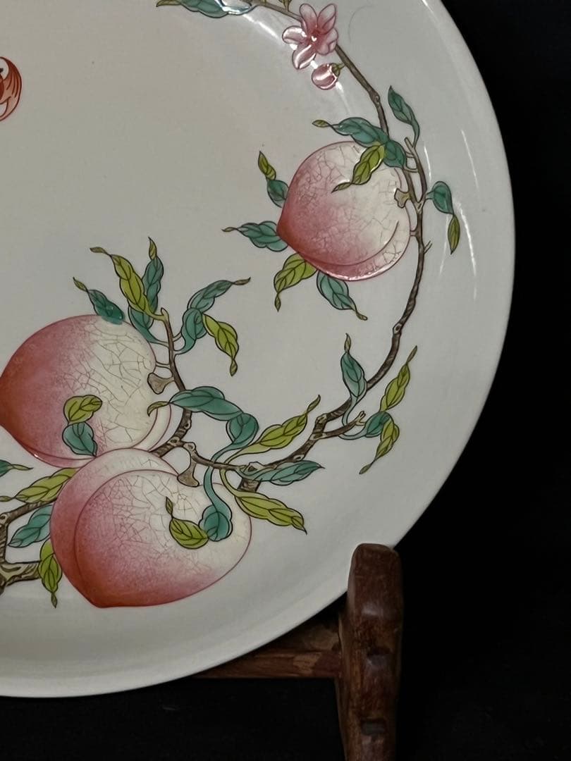 中国古美術/粉彩蝙蝠/桃紋皿 【大清雍正年製】在銘/紫檀箱付き