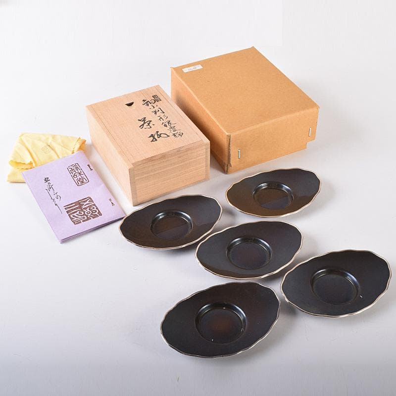 茶道具　静和堂　金谷五良三郎作　銅小判銀覆輪　茶托　五客　共布共箱　FR8042