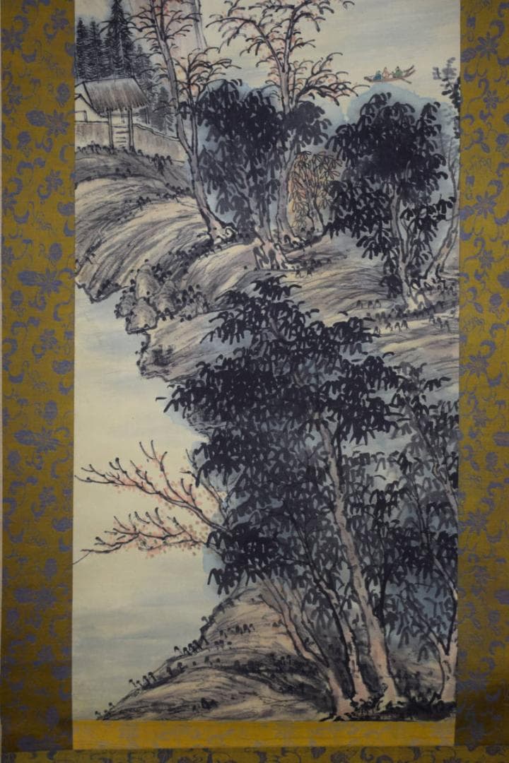 真作/李昆陽/山水画賛/舟/人物/布袋屋掛軸HJ-945