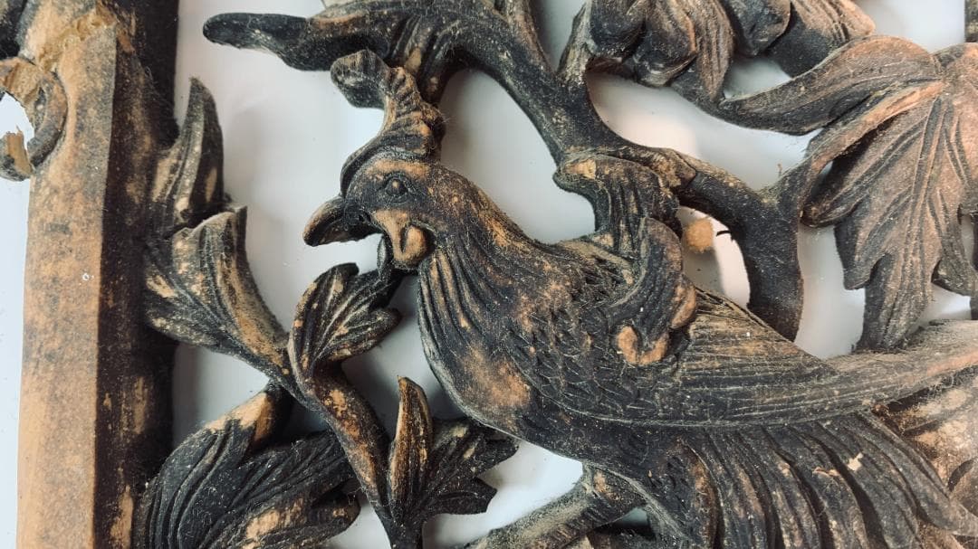 清代後期 木彫透かし飾板「春寿図」 鳥花文様清代後期〜民国初期頃の吉祥建具装飾