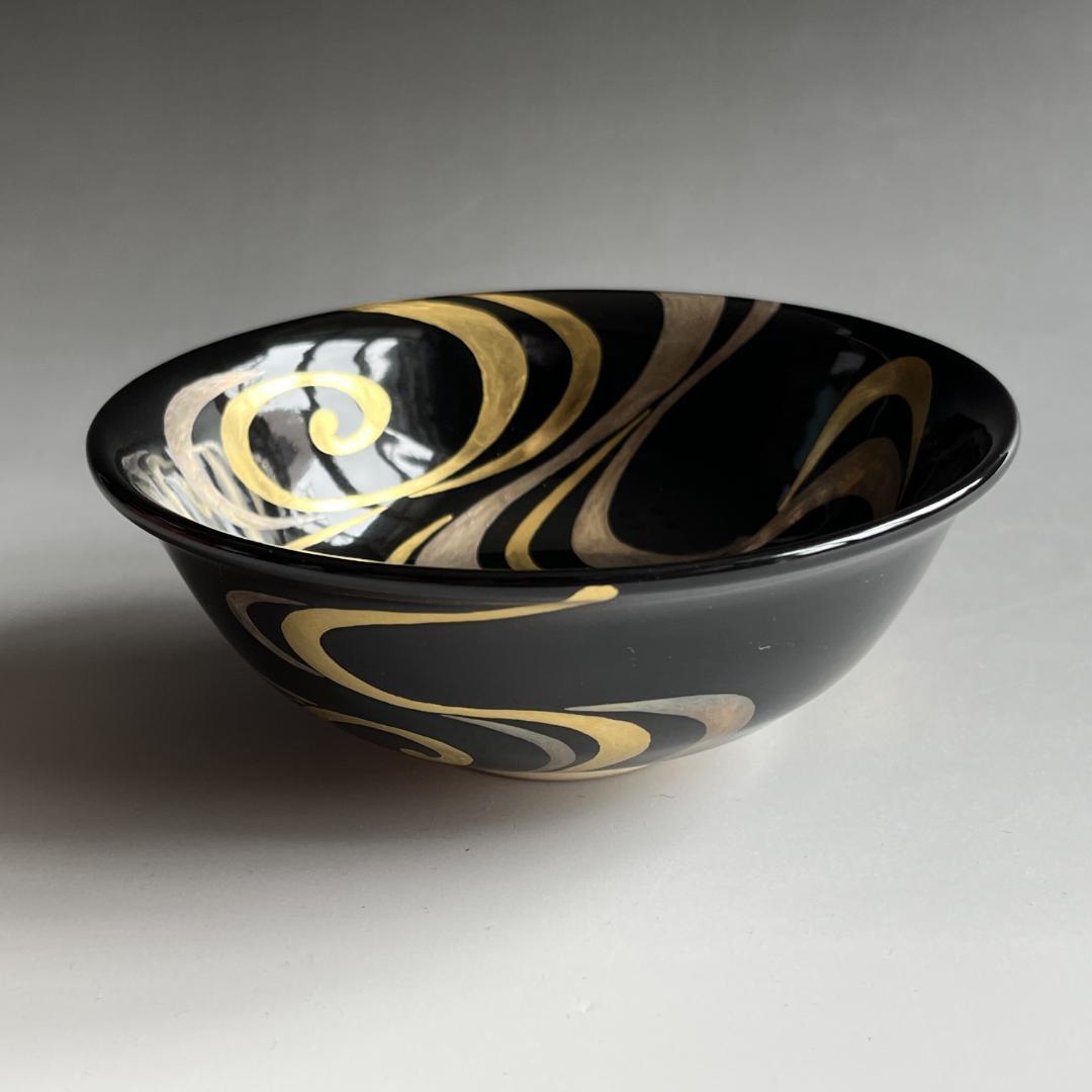 通次阿山　黒地　流水　茶碗　茶道具