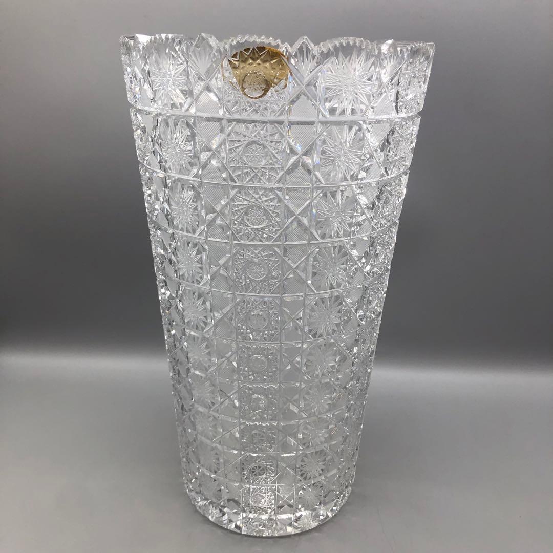 新品未使用箱入りボヘミアクリスタルカットフラワーベース花瓶31cm高級工芸品