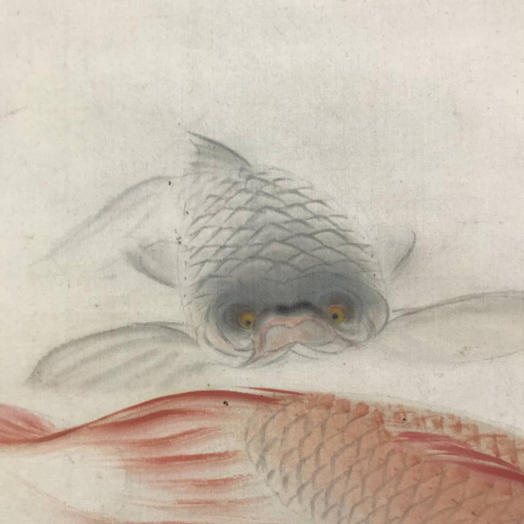 真作/上田陽愷/游鯉漆画/遊鯉図/鯉図/花鳥図/掛軸/名家伝来AE-385