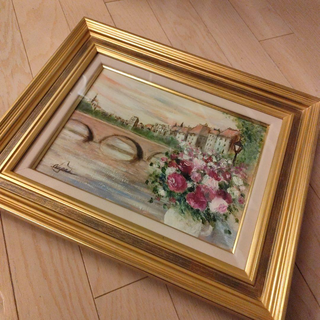 希少　永井弘子　風景画 油彩画 バラの花 ゴールドフレーム　サイン入り