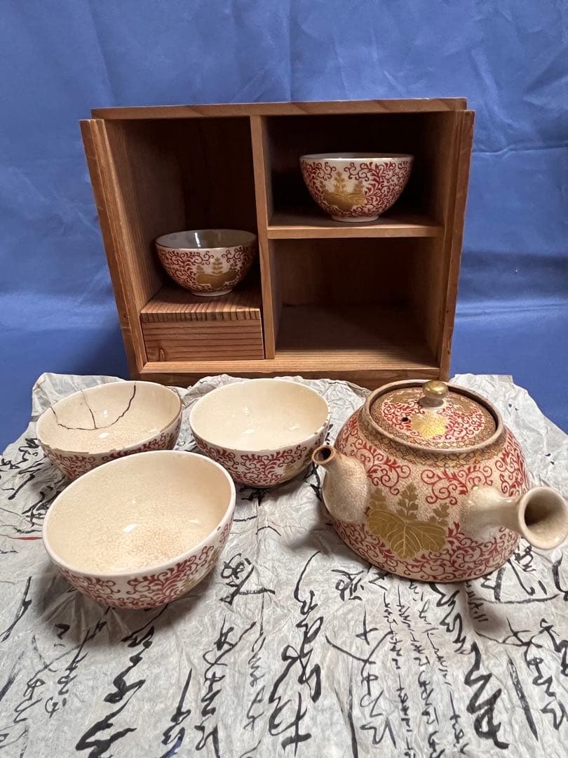 骨董　薩摩焼　五七桐　金彩赤絵　煎茶道具（共箱あり）欠けあり