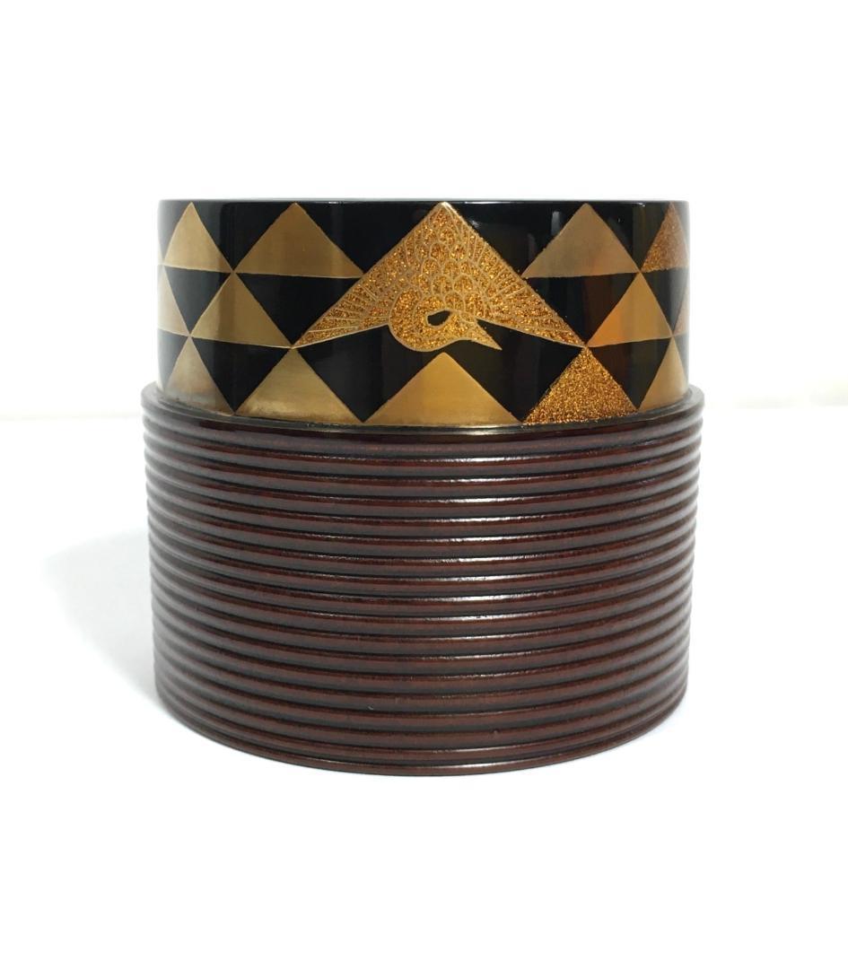 極美品！ 四代 大下香仙 鱗鶴蒔絵 筋中次 棗 内蒔絵 茶道具 共箱/共布