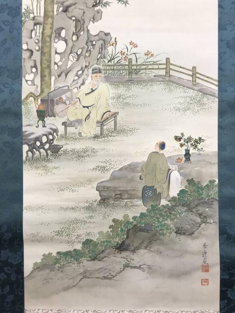 真作/小田杏逸/前茶之図/山水図/人物図/お茶図/掛軸/名家伝来/AE-94