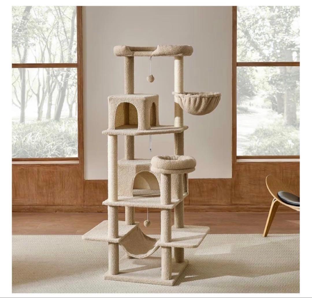 ☆キャットタワー☆大型猫 多頭 据え置き 頑丈 ベージュ系169cm