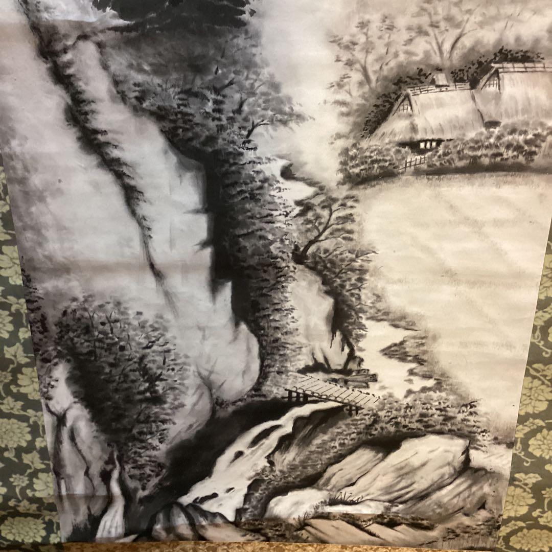 川合玉堂　破墨山水図　【山村風景図】肉筆画　紙本掛軸　落款有　模写　NO33