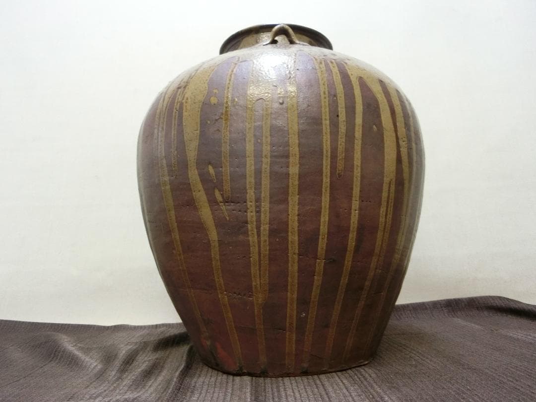 処分価31（土）22時まで【壺　3耳壺 流れ釉　緑釉垂れ釉　景色抜群　丹波】鑑賞