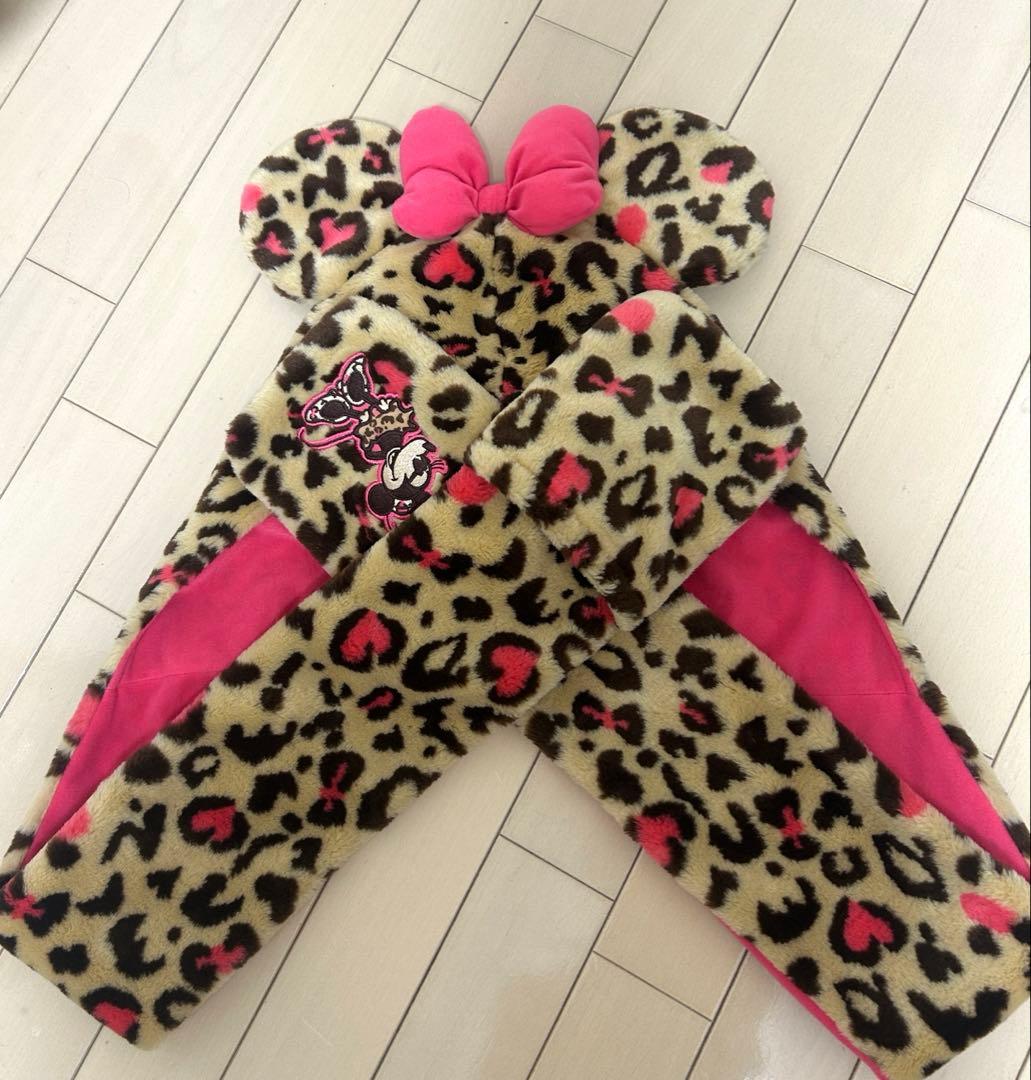 ミニーマウス ヒョウ柄ファンキャップ マフラー