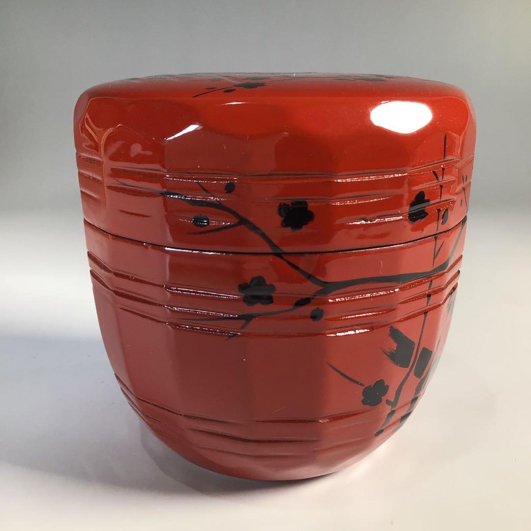 Ｍ６３７　棗　『加賀蒔絵師　早見征一作』『朱漆塗』『梅月蒔絵』　共箱　茶道具