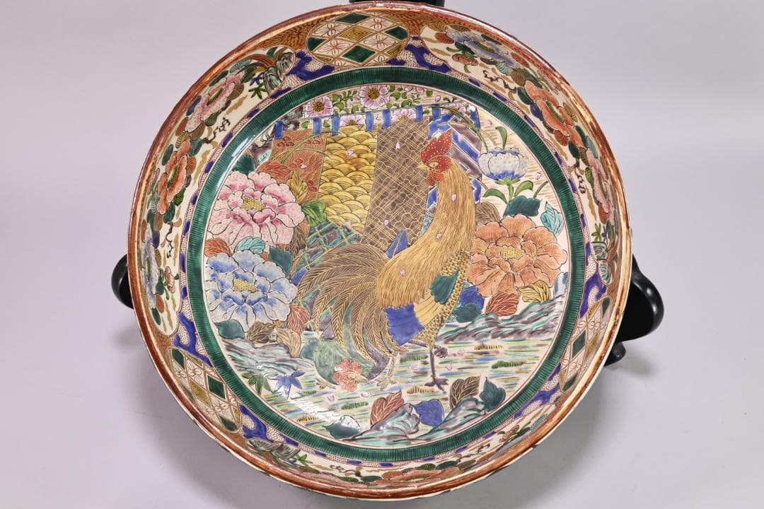 古九谷　九谷焼　吉田屋釜　花鳥鶏図　大鉢　金魚鉢　直径38.5㎝　BK139