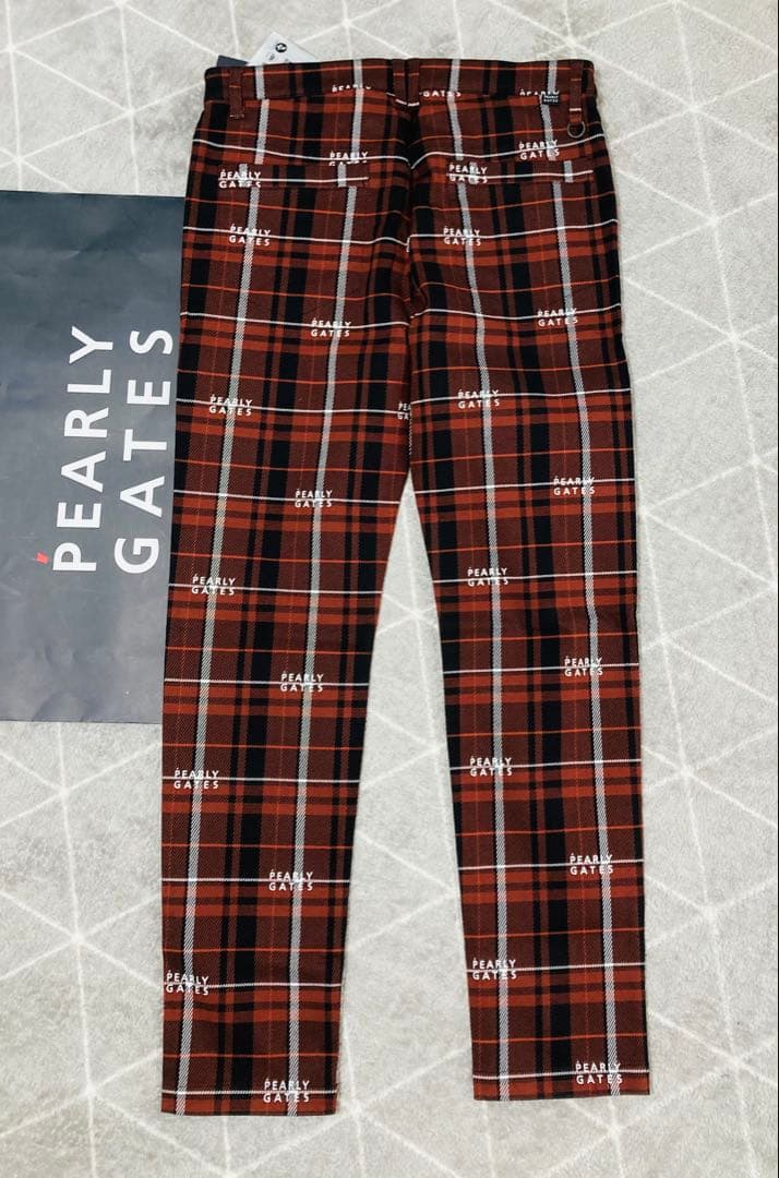 新品 パーリーゲイツ コットンストレッチカルゼチェックパンツ(7)サイズ3L/茶