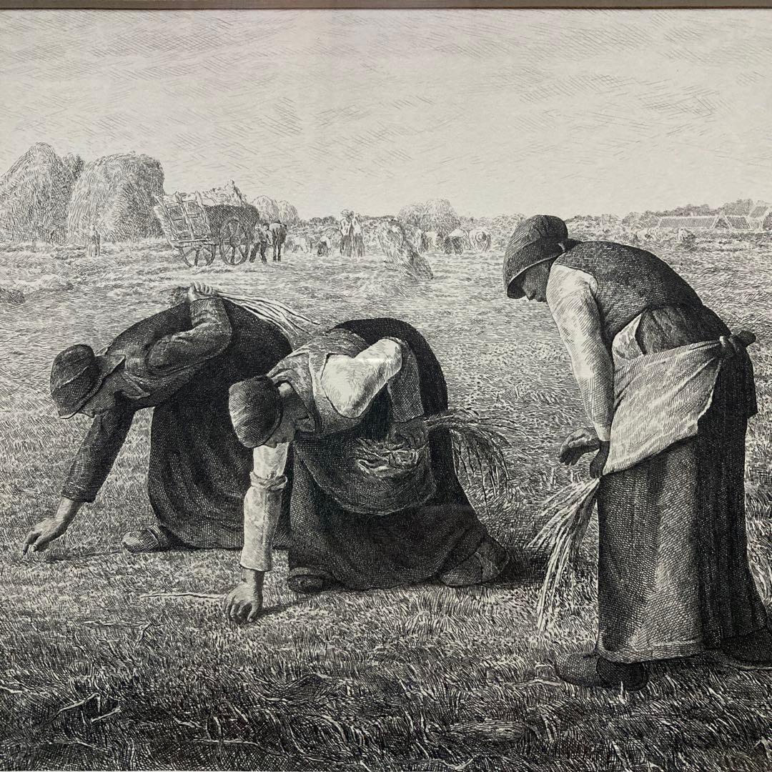 フランソワ　ミレー「落ち穂拾い」銅版画約18×24額縁38.5×49cm 紙箱付