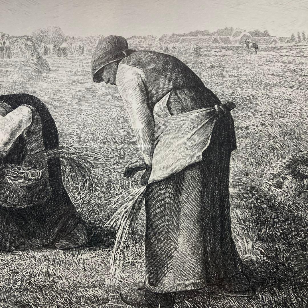 フランソワ　ミレー「落ち穂拾い」銅版画約18×24額縁38.5×49cm 紙箱付