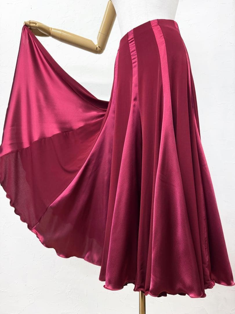 【美シルエット】新品　ワイン　サテン切り替え社交ダンス　ロングスカート　ｒ201