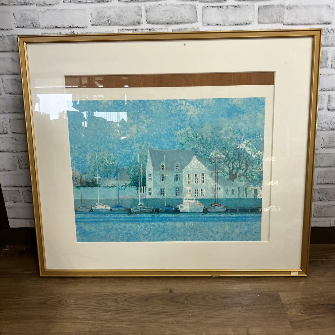 風景画 絵画 アート 水辺の街並み ヨット 額装 ゴールドフレーム インテリア