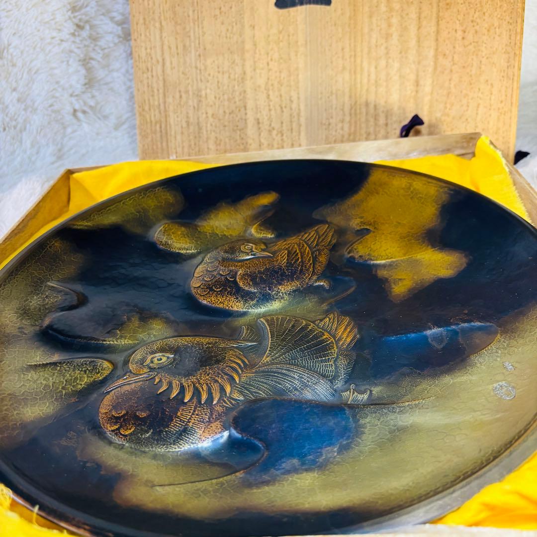 超希少作　玉川堂　五代　鴛番　おしどり　大額皿　鎚起銅器　三条　玉川覚平　鴛鴦