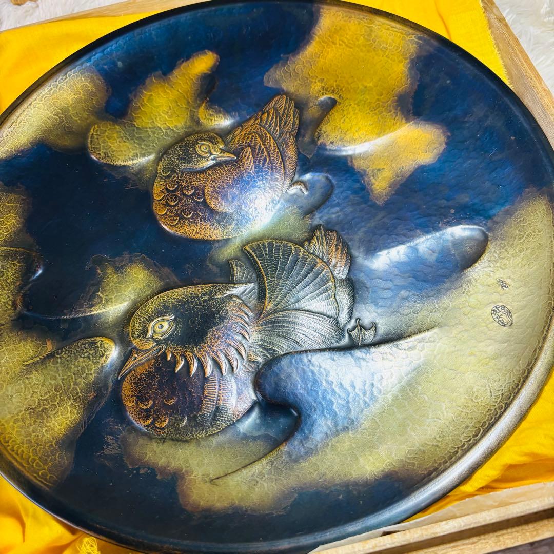 超希少作　玉川堂　五代　鴛番　おしどり　大額皿　鎚起銅器　三条　玉川覚平　鴛鴦