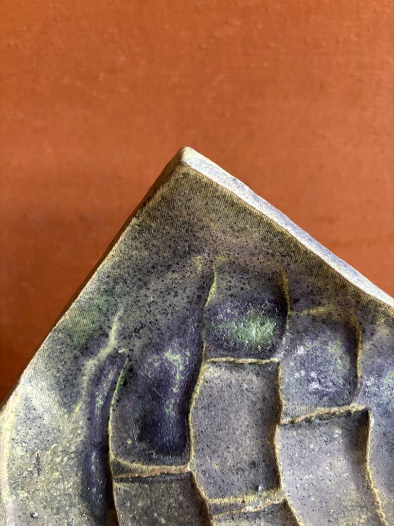 やまちゃん　河井寛次郎作青緑釉彫竹林文四方立皿　検森の中の竹林