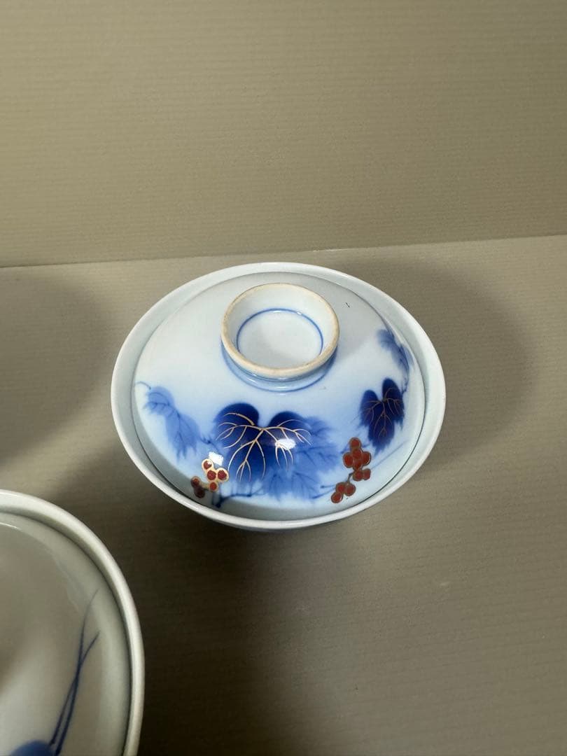 2211  有田焼 芳祥堂特製　葡萄瑠璃　蓋茶碗　5客