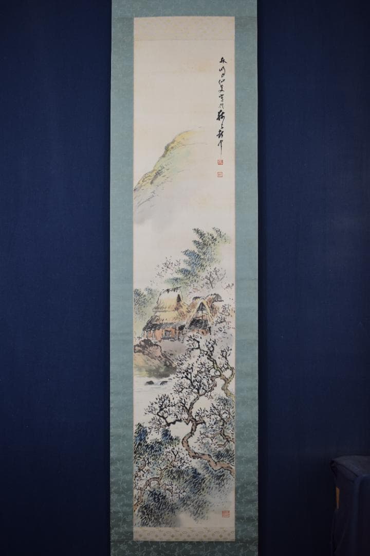 【真作】秋峰/梅花山水図/山家梅花図/掛軸☆宝船☆Y-686　JM