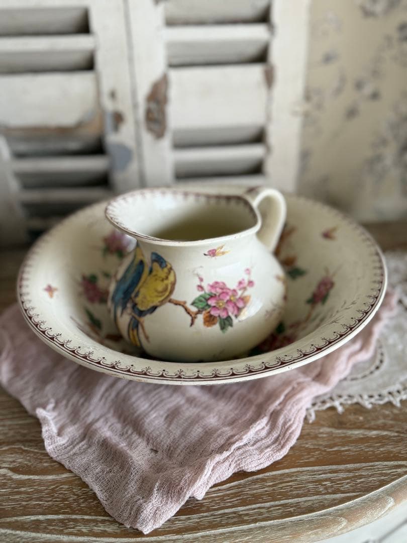 フランスアンティーク陶器リュネビィル激レアMeangeピッチャーとベイスン美品