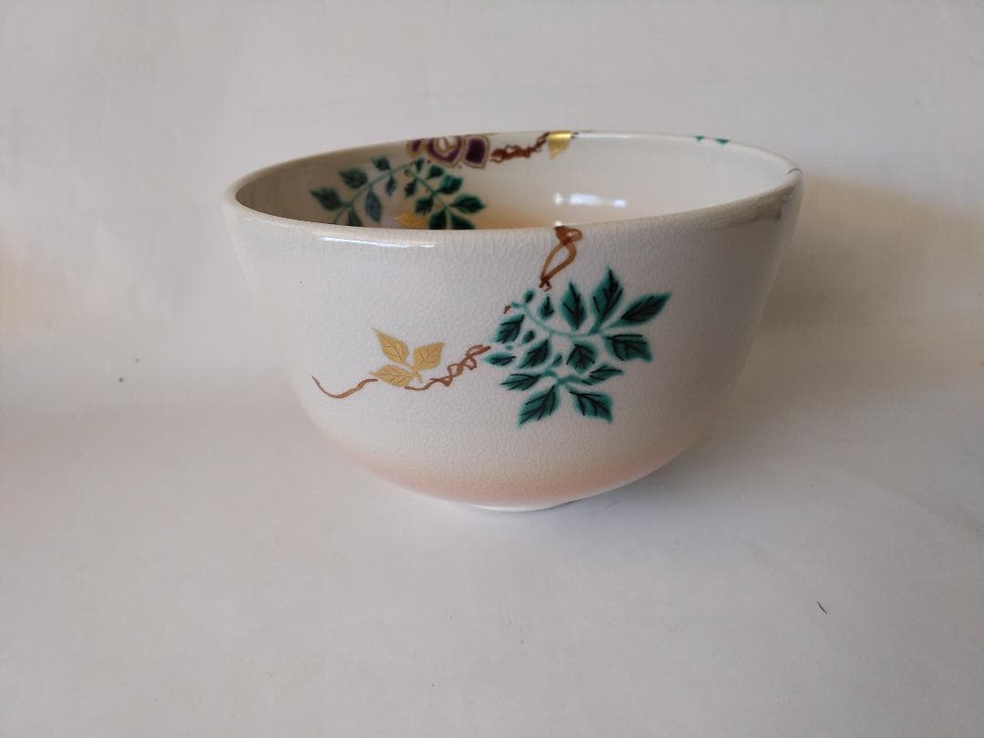 押小路窯 庄左ェ門 作 色絵「藤」茶碗 押小路焼 共箱 共布 栞 抹茶碗 新品